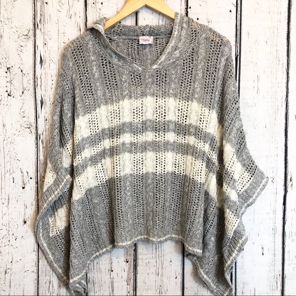 Justice for girls gray and white stripes knitted shimmery poncho grannycore
